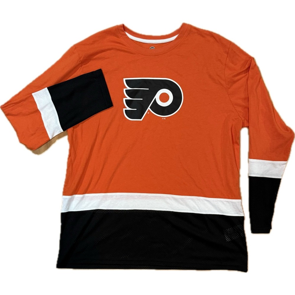 NHL Philadelphia Flyers Long Sleeve Shirt Men XL Orange Colorblock Mesh Jersey